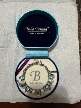 bella Perlina Blue Pearl and Silver Charm Bracelet